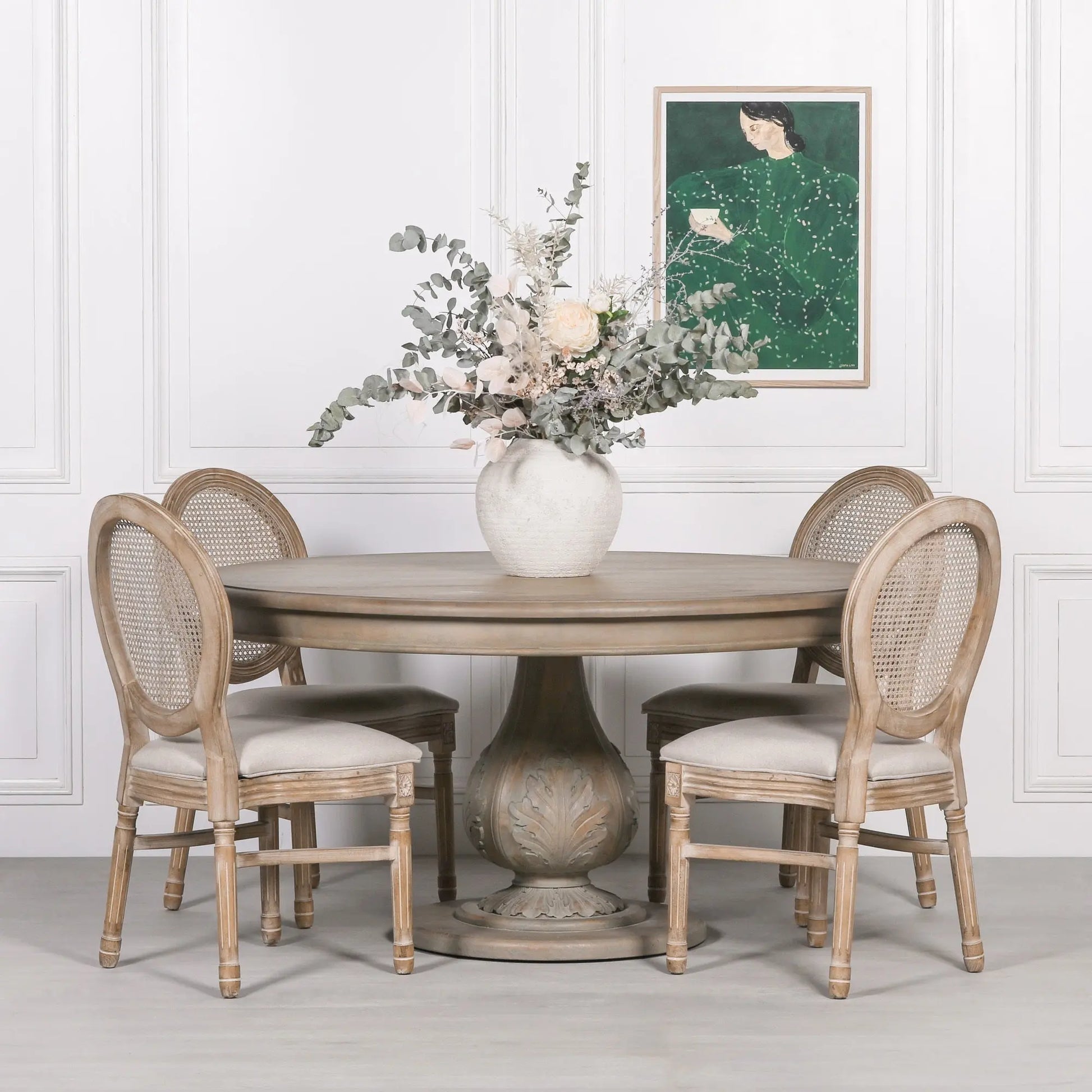 Rustic Washed 150cm Round Acorn Dining Table in Handcrafted Hardwood   Nicholas John Interiors