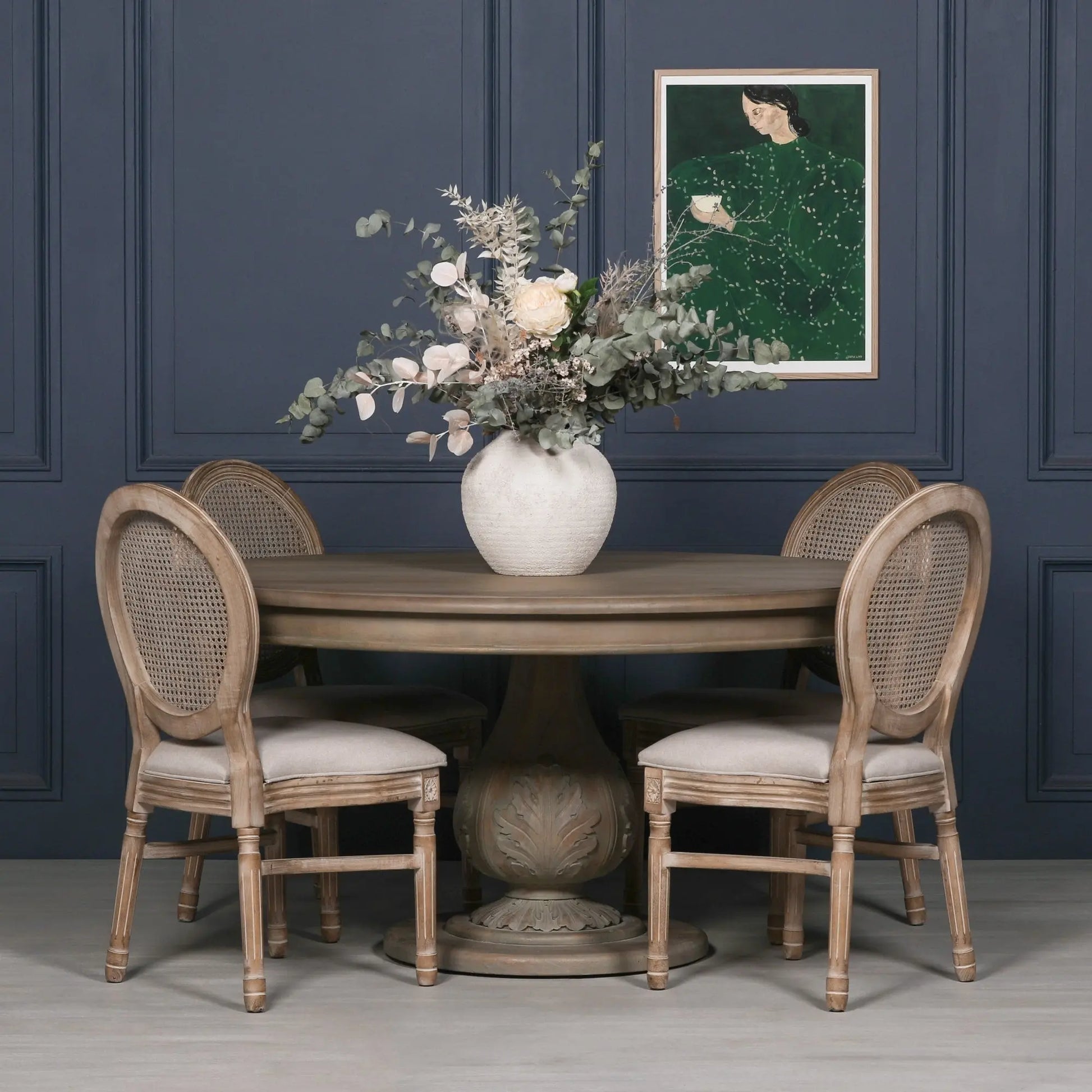 Rustic Washed 150cm Round Acorn Dining Table in Handcrafted Hardwood   Nicholas John Interiors