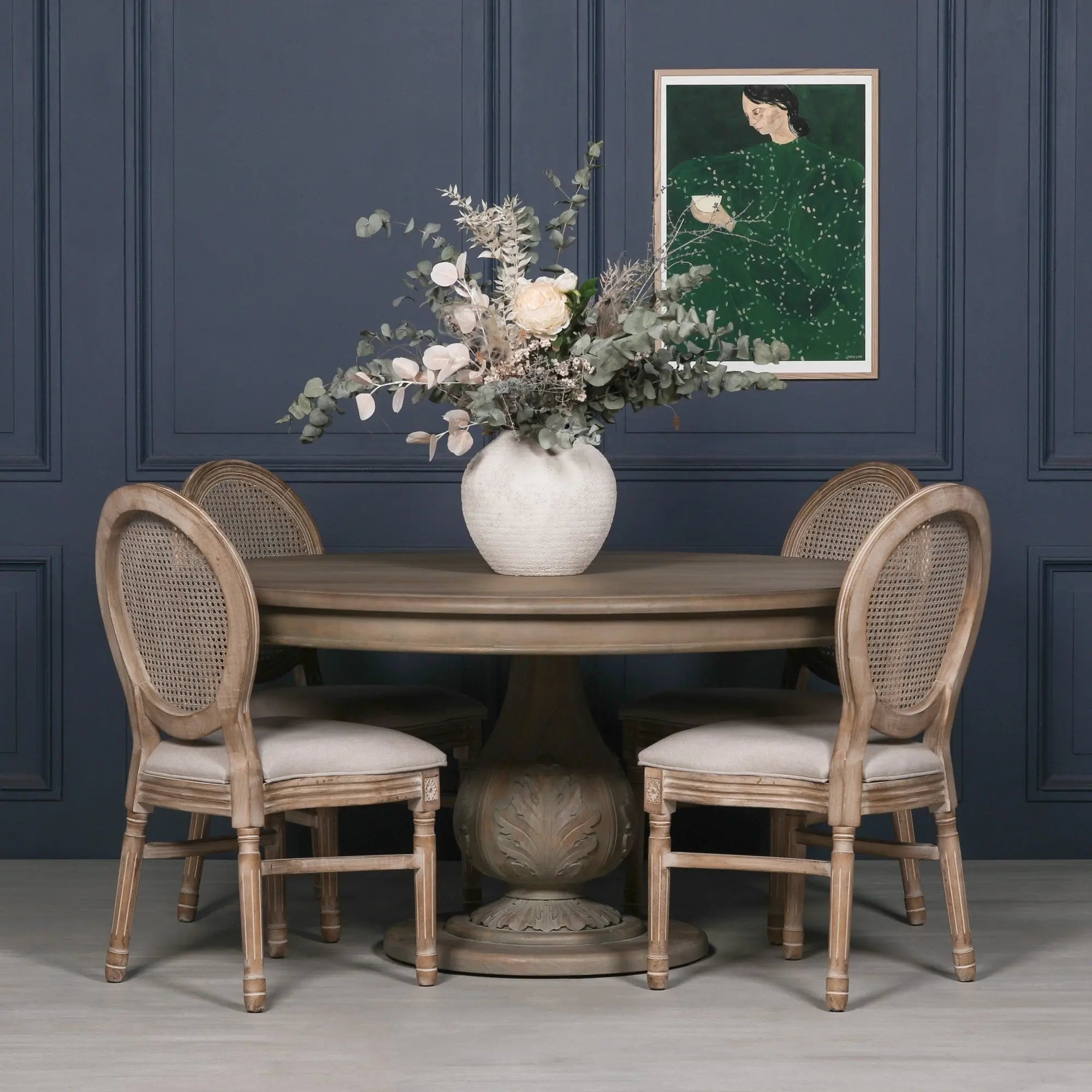 Rustic Washed 150cm Round Acorn Dining Table in Handcrafted Hardwood   Nicholas John Interiors