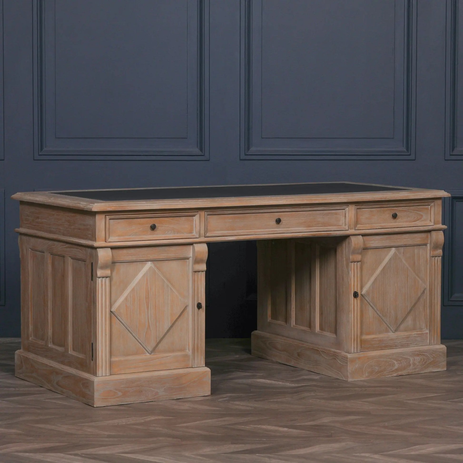 Rustic Wooden Desk with Grey Leather Top and Storage Drawers   Nicholas John Interiors