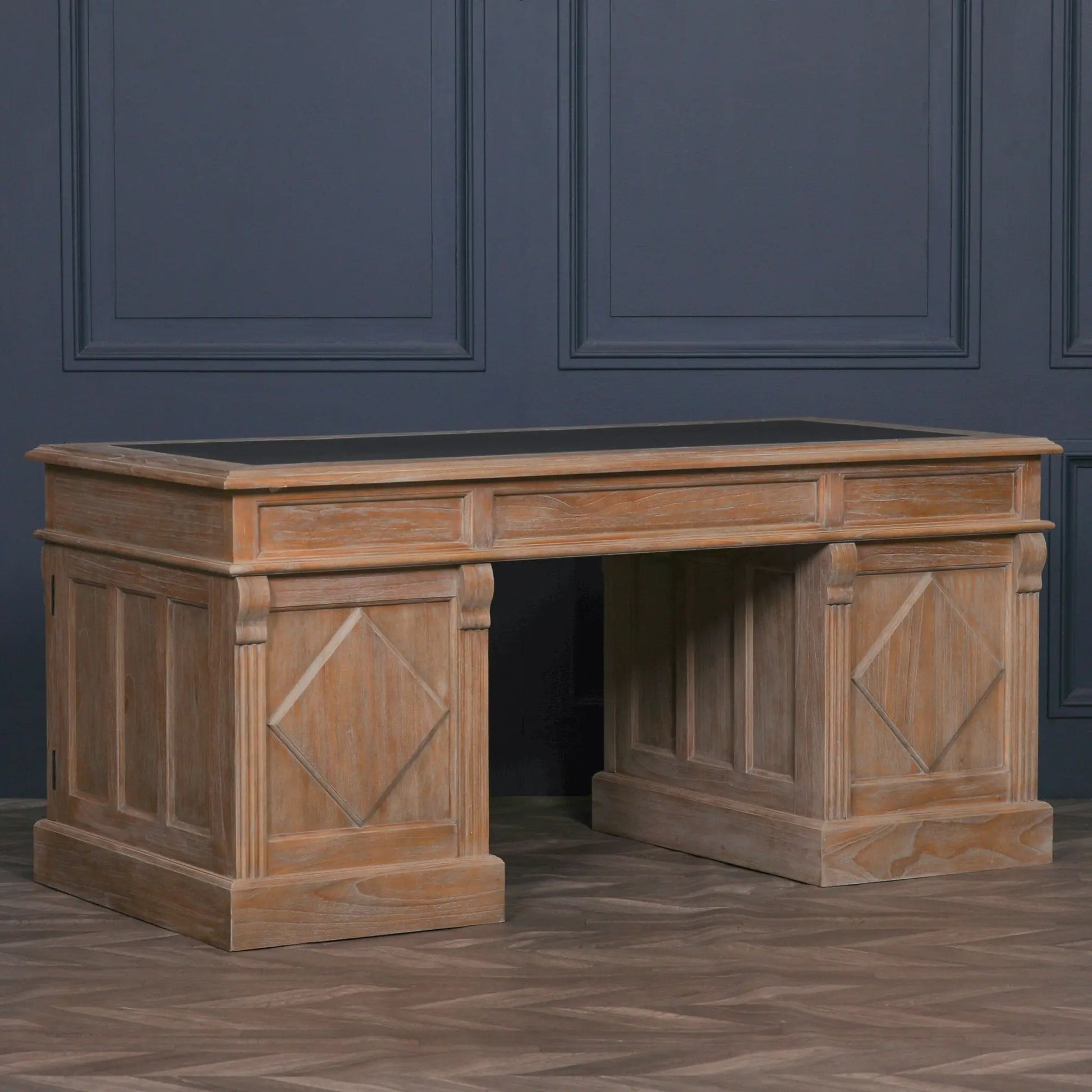 Rustic Wooden Desk with Grey Leather Top and Storage Drawers   Nicholas John Interiors