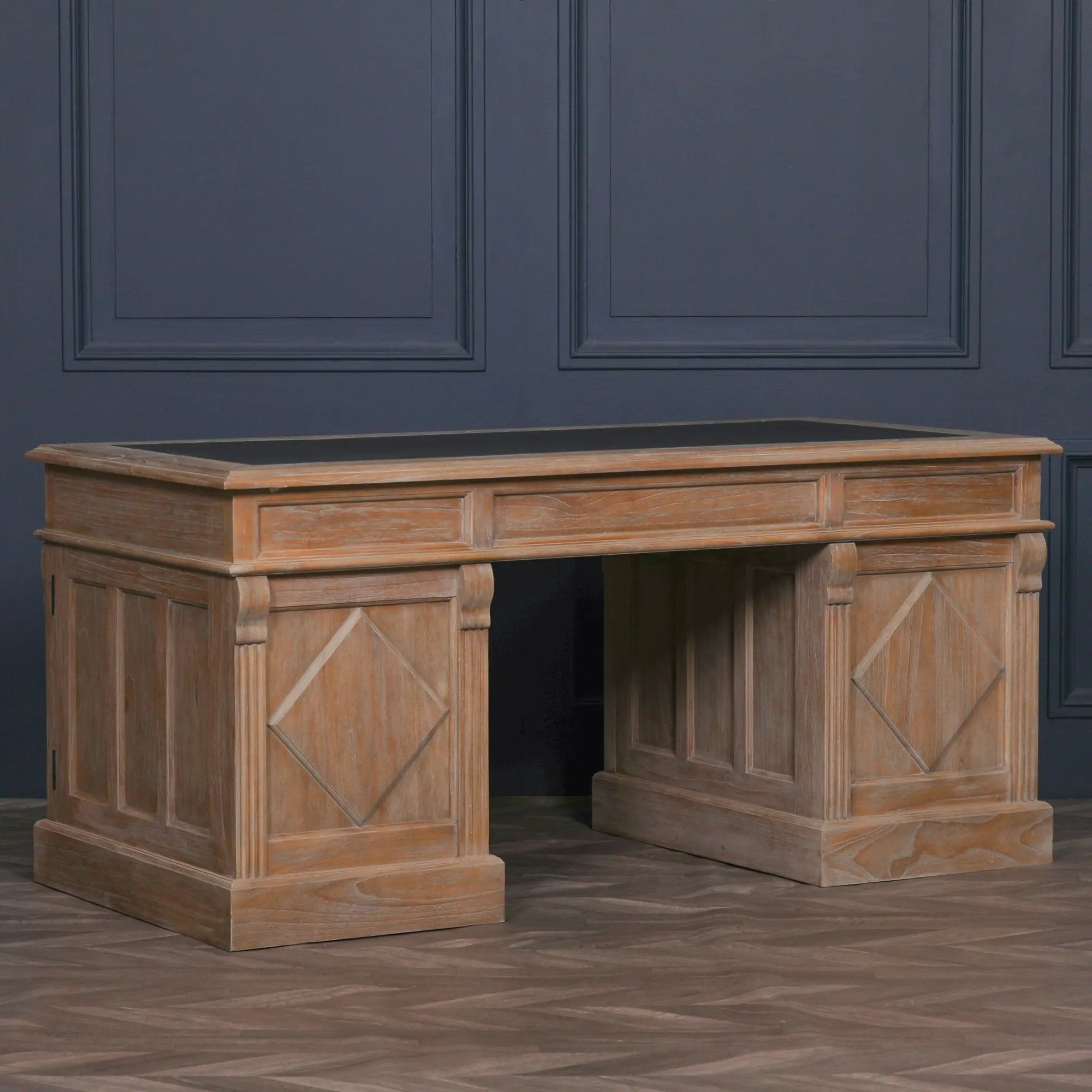 Rustic Wooden Desk with Grey Leather Top and Storage Drawers   Nicholas John Interiors
