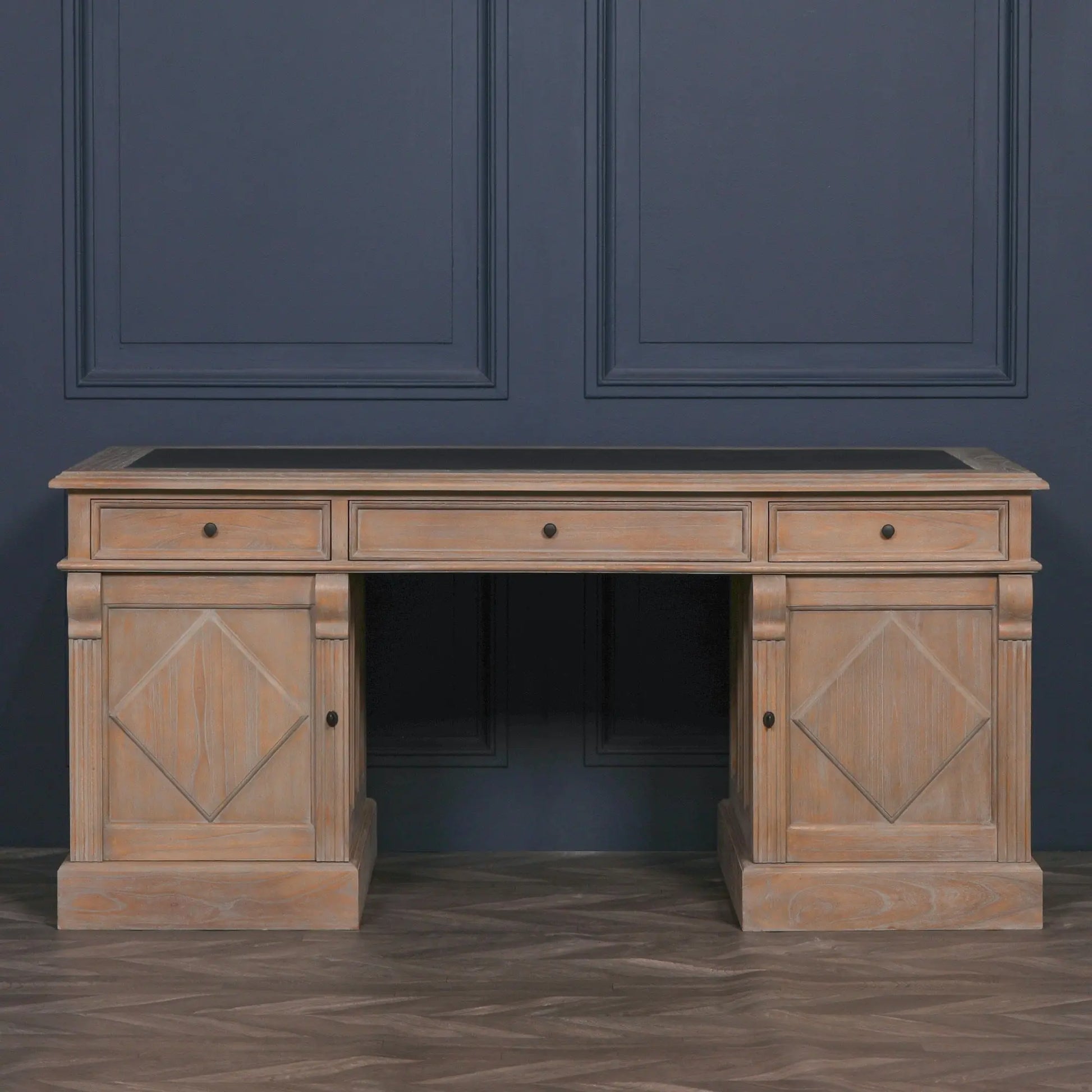 Rustic Wooden Desk with Grey Leather Top and Storage Drawers   Nicholas John Interiors