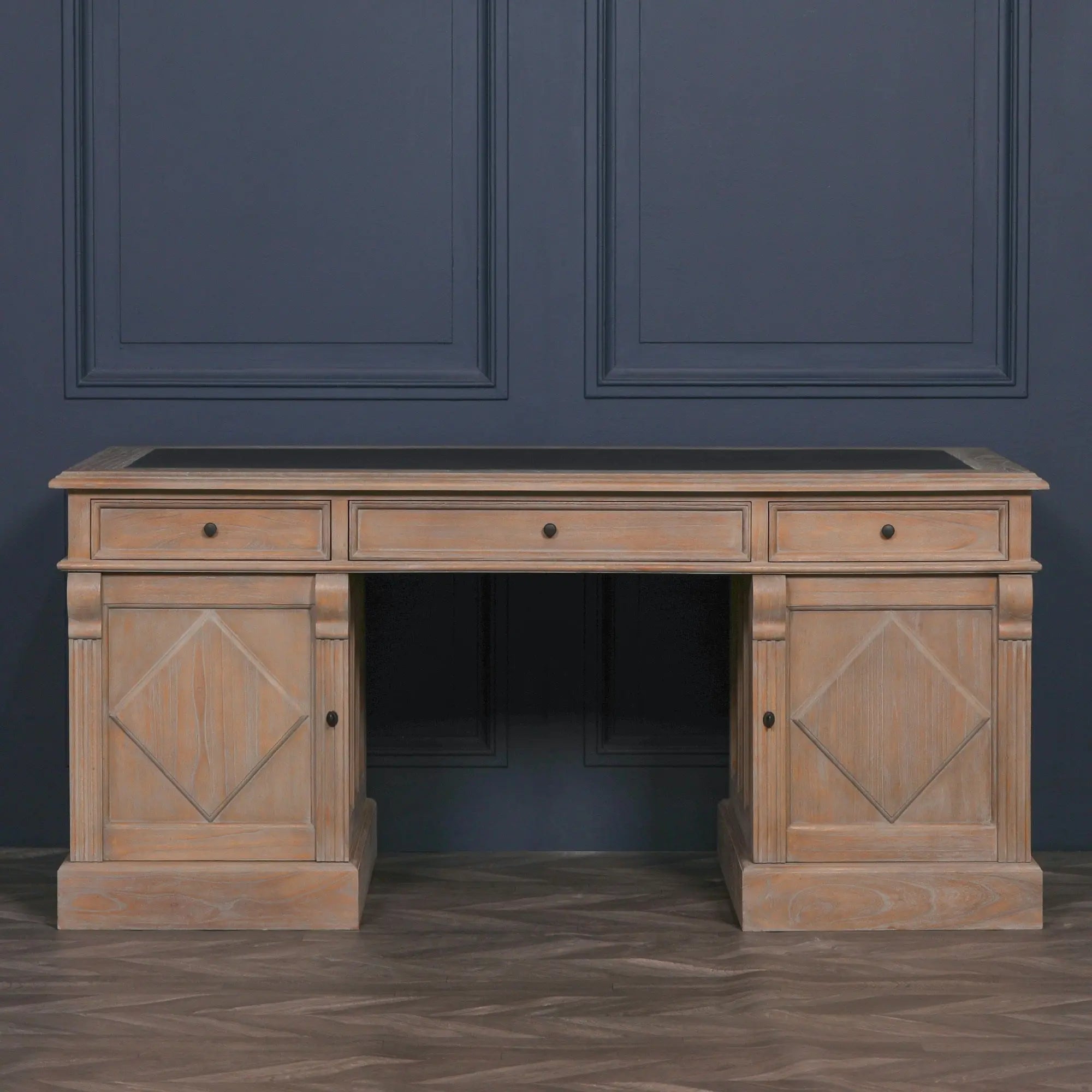 Rustic Wooden Desk with Grey Leather Top and Storage Drawers   Nicholas John Interiors