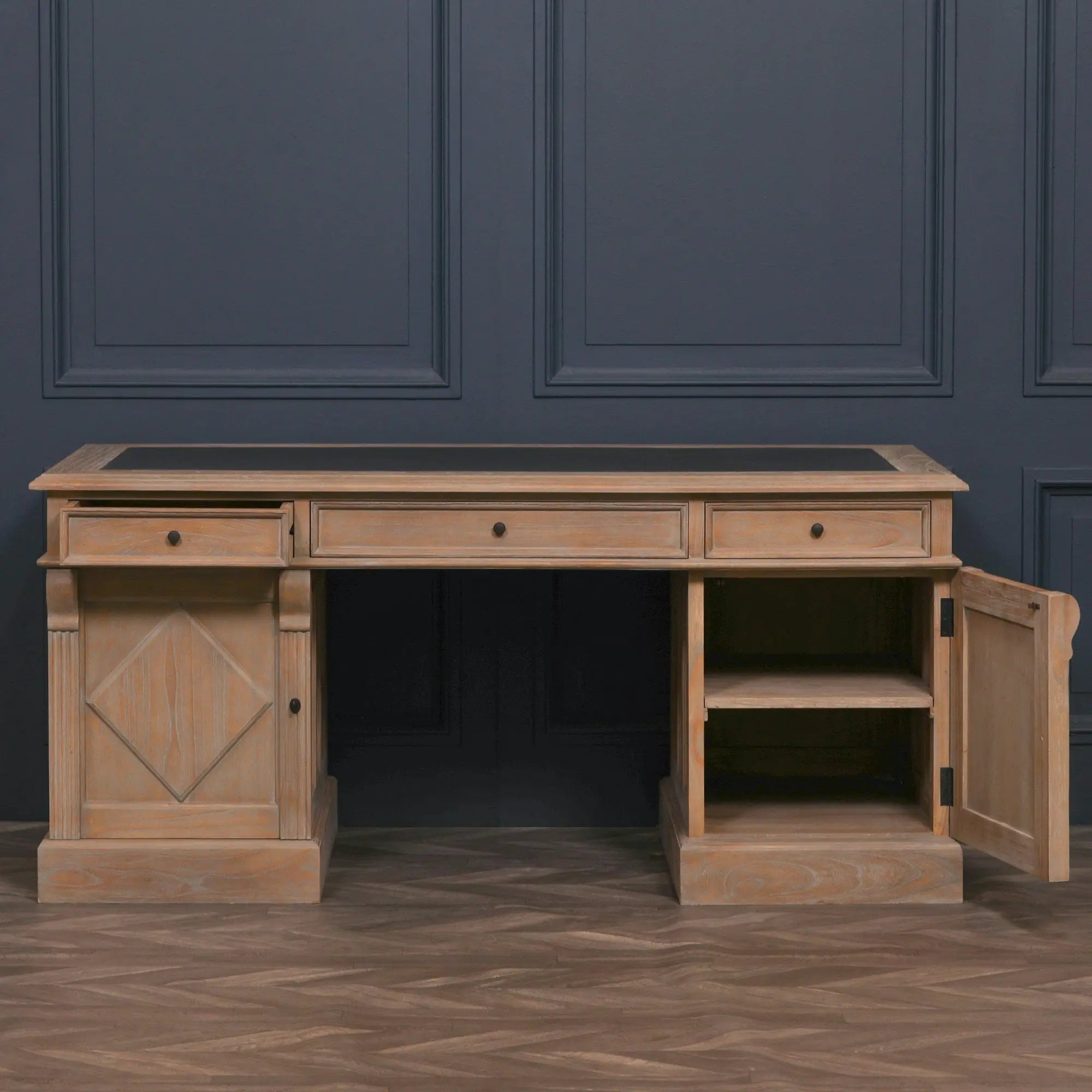 Rustic Wooden Desk with Grey Leather Top and Storage Drawers   Nicholas John Interiors