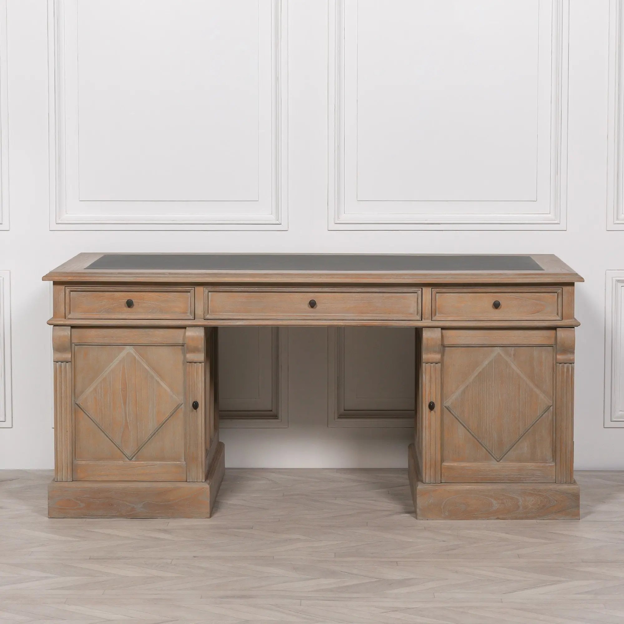 Rustic Wooden Desk with Grey Leather Top and Storage Drawers   Nicholas John Interiors