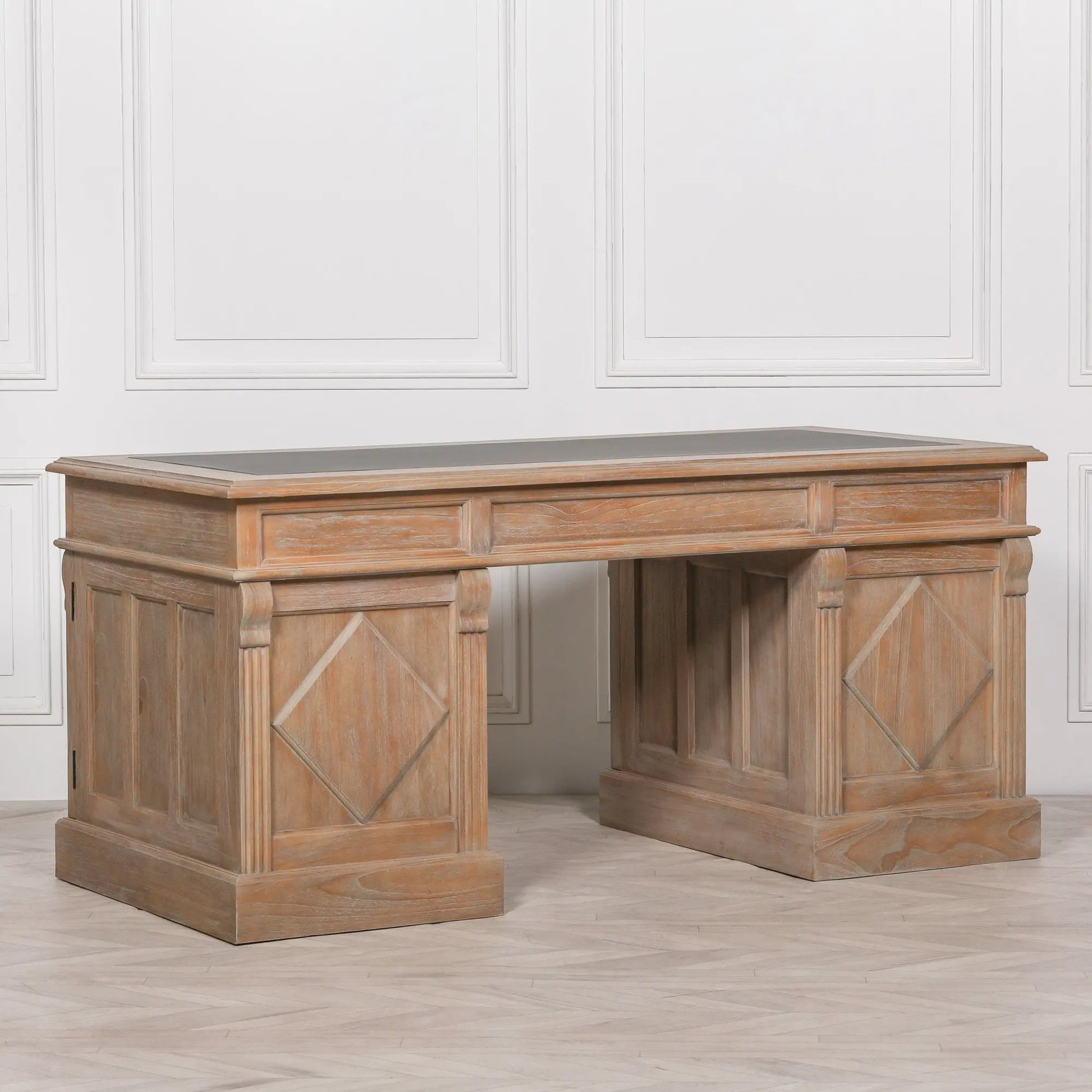 Rustic Wooden Desk with Grey Leather Top and Storage Drawers   Nicholas John Interiors