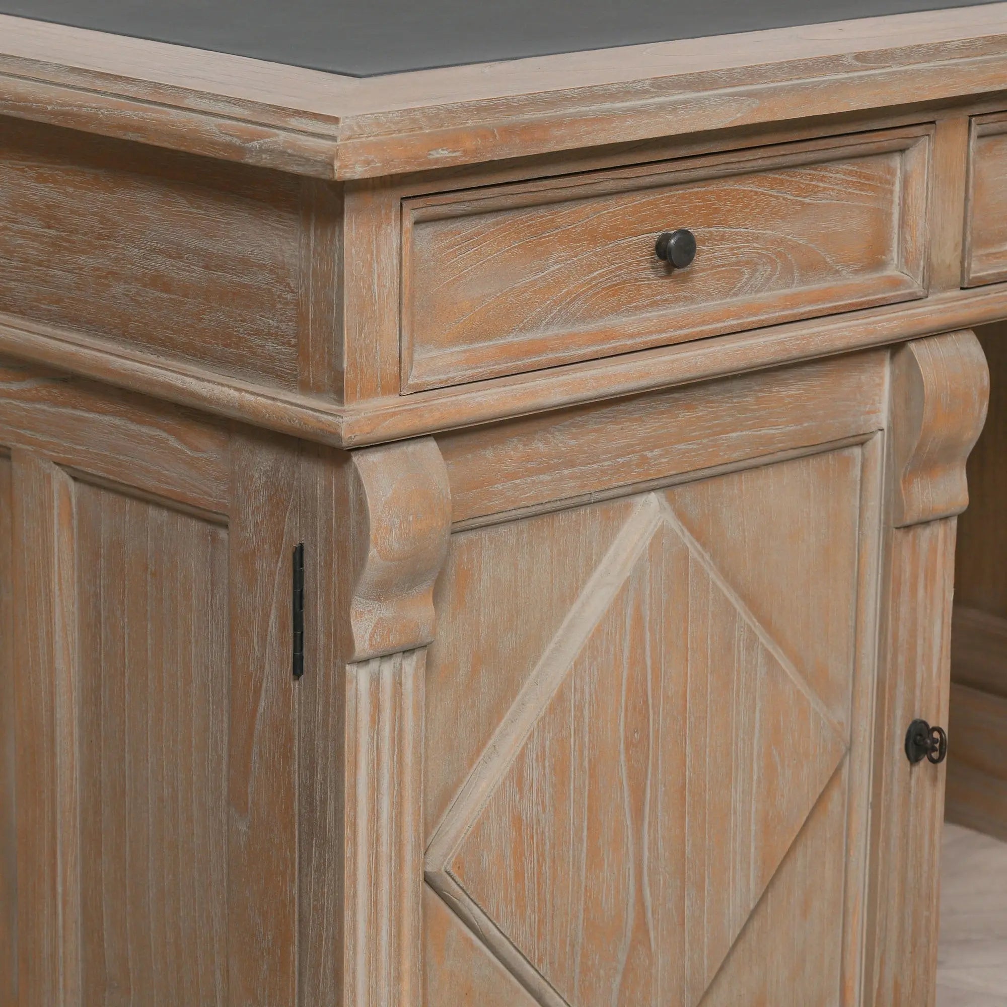 Rustic Wooden Desk with Grey Leather Top and Storage Drawers   Nicholas John Interiors