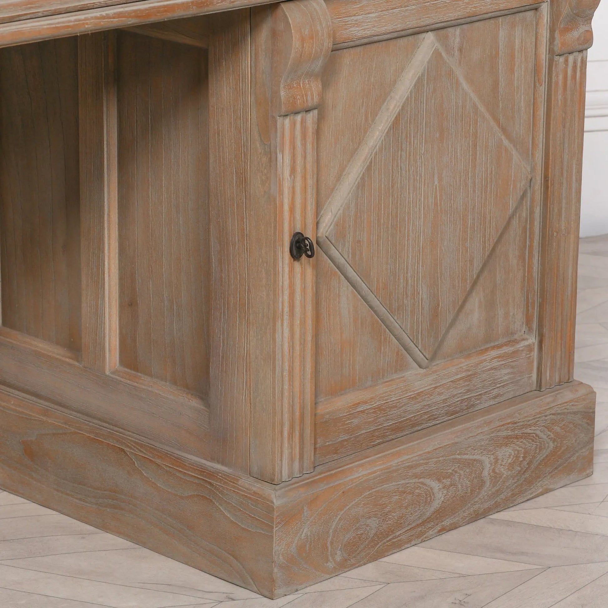 Rustic Wooden Desk with Grey Leather Top and Storage Drawers   Nicholas John Interiors