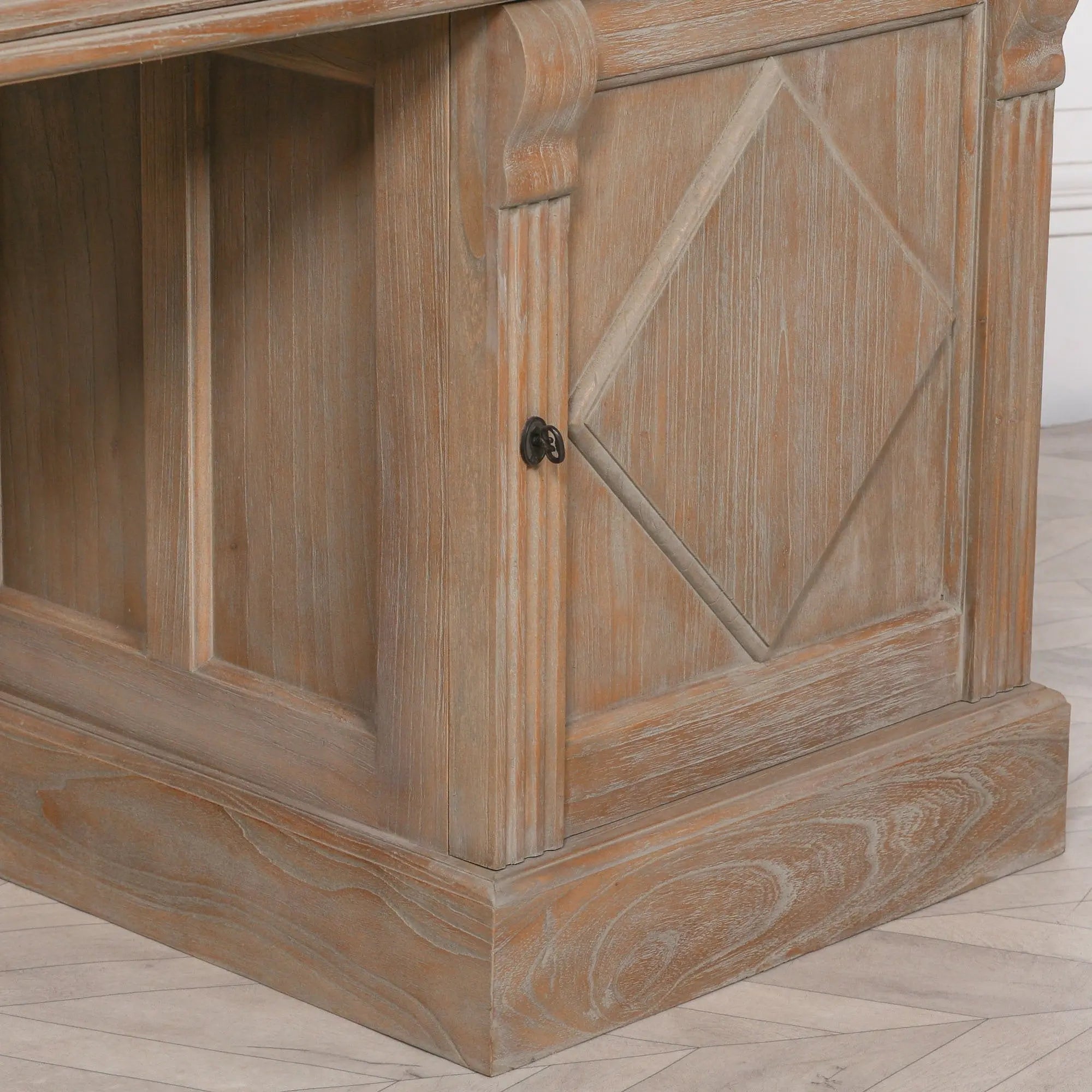 Rustic Wooden Desk with Grey Leather Top and Storage Drawers   Nicholas John Interiors