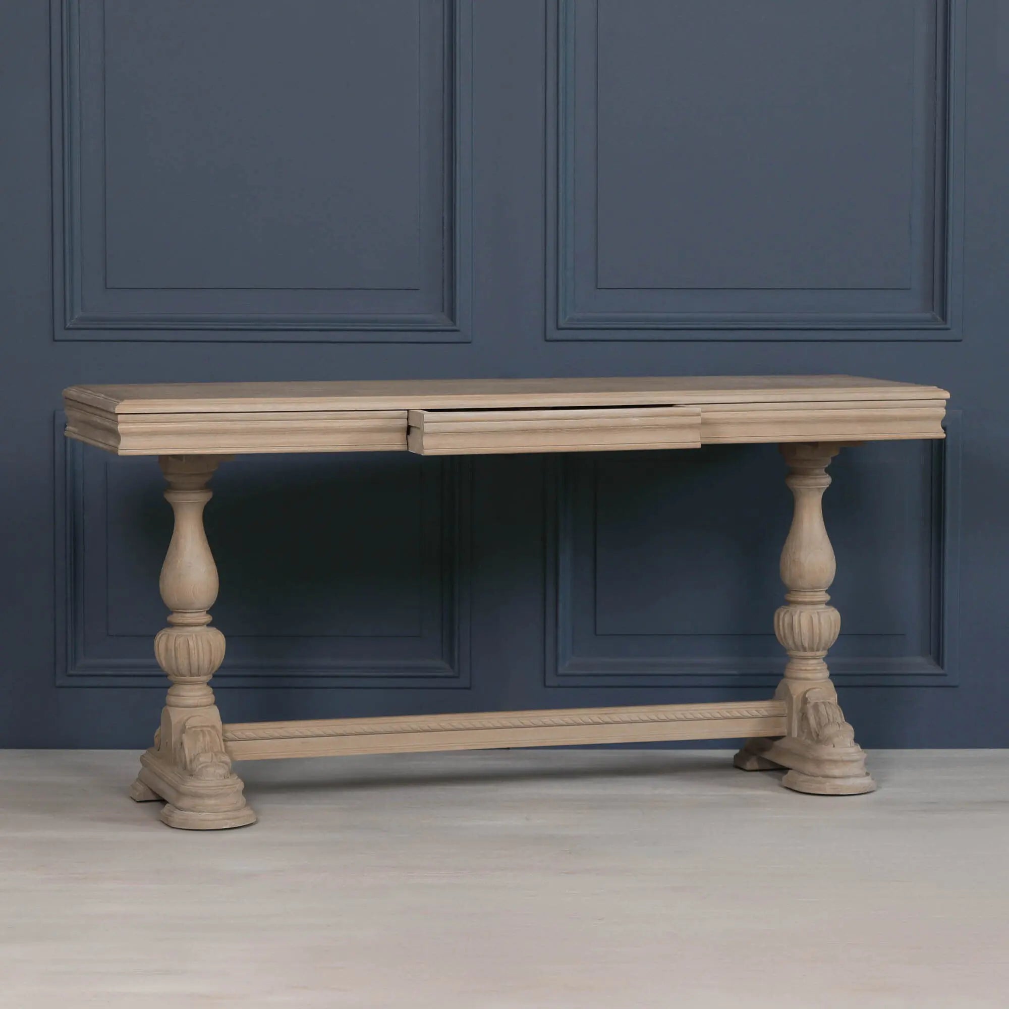 Rustic Wooden Intricate Carved Console with Drawer   Nicholas John Interiors
