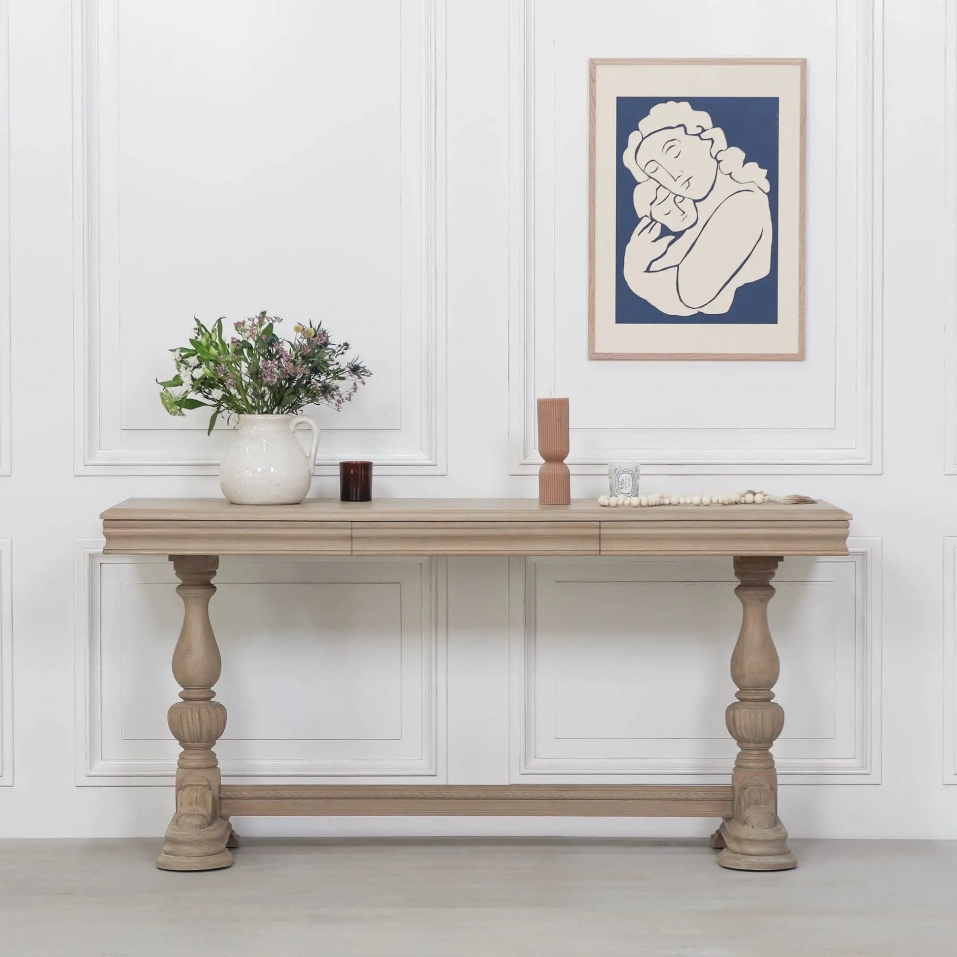 Rustic Wooden Intricate Carved Console with Drawer   Nicholas John Interiors