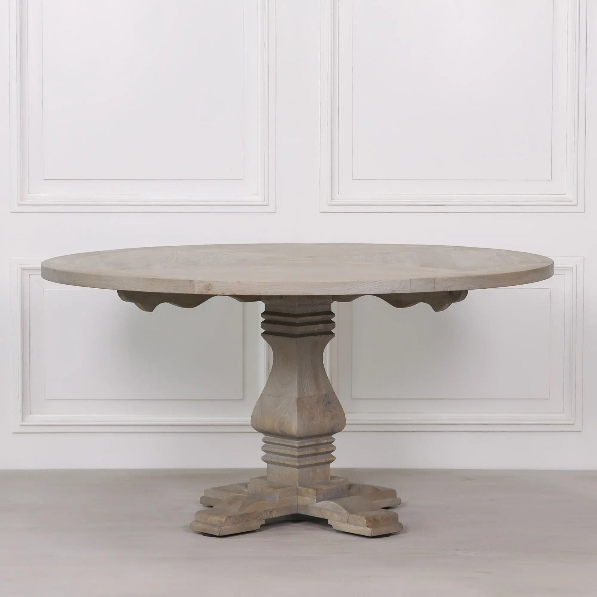 Rustic Wooden Round Pedestal Dining Table in White Cedar   Nicholas John Interiors