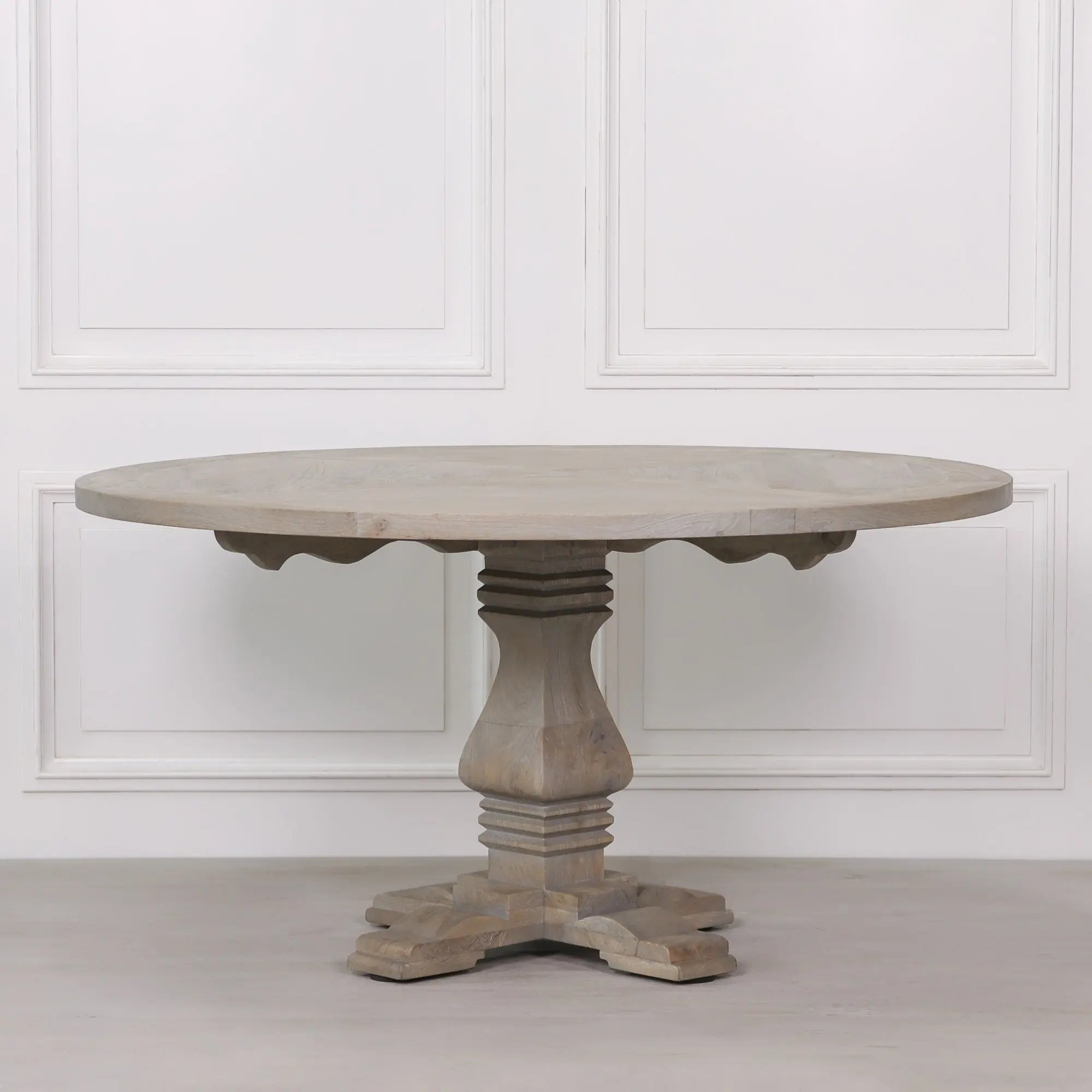 Rustic Wooden Round Pedestal Dining Table in White Cedar   Nicholas John Interiors