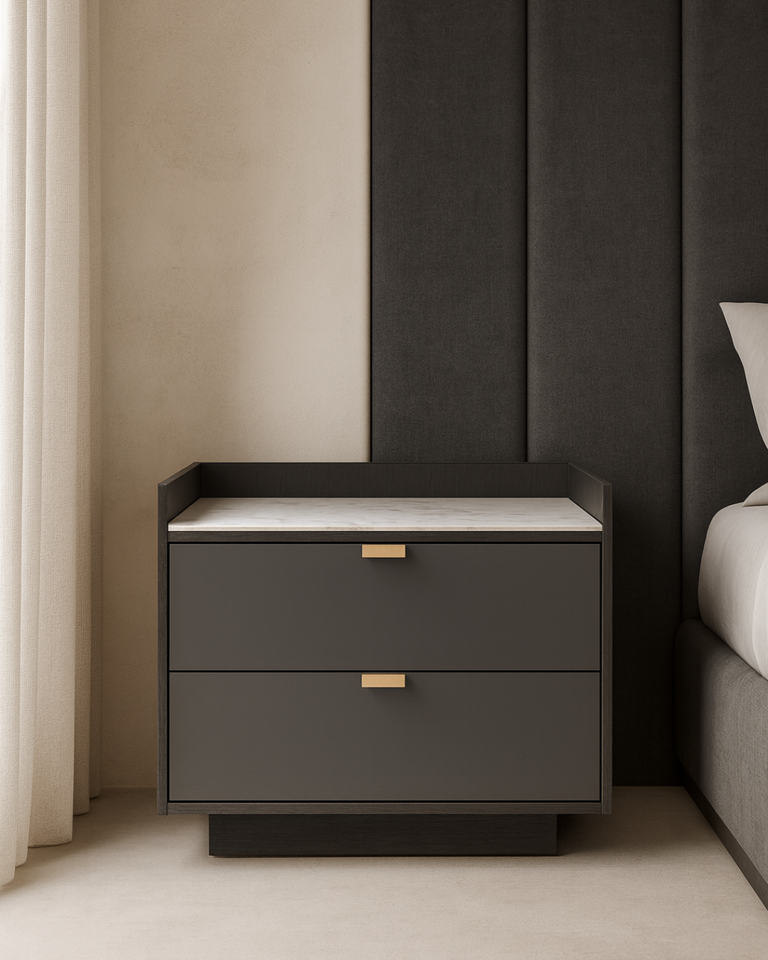 Tommy Franks Saviour Bedside Table - White Marble & Anthracite/Grey Wash Oak