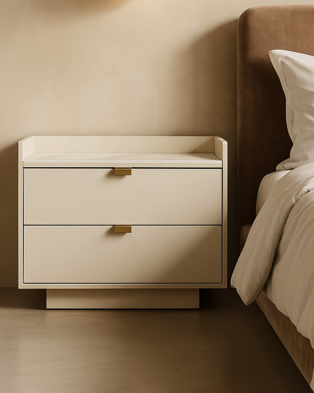 Tommy Franks Saviour Bedside Table - White Marble & Beige   Nicholas John Interiors