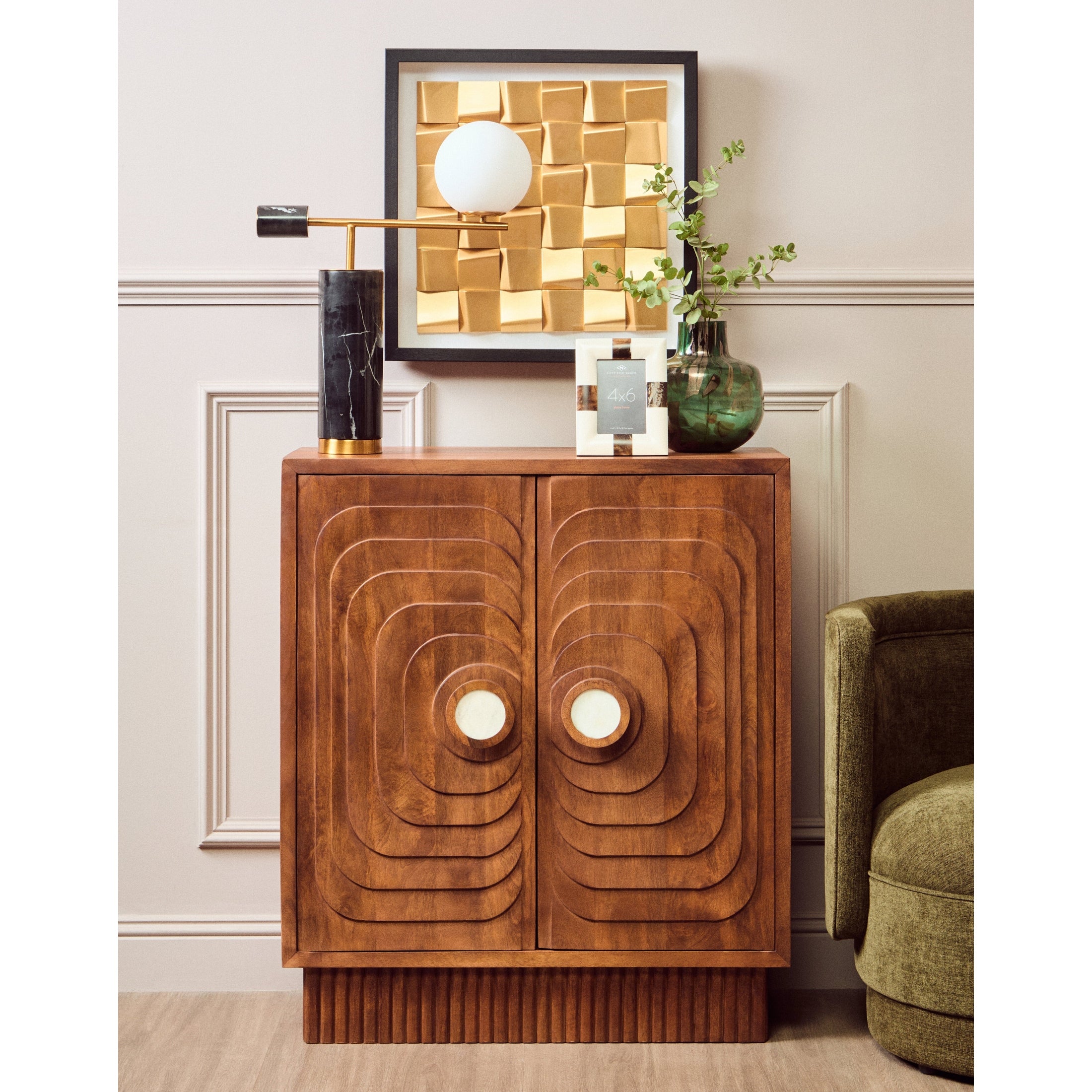 Sangra Two Door Mango Wood Carved Cabinet  Nicholas John Interiors