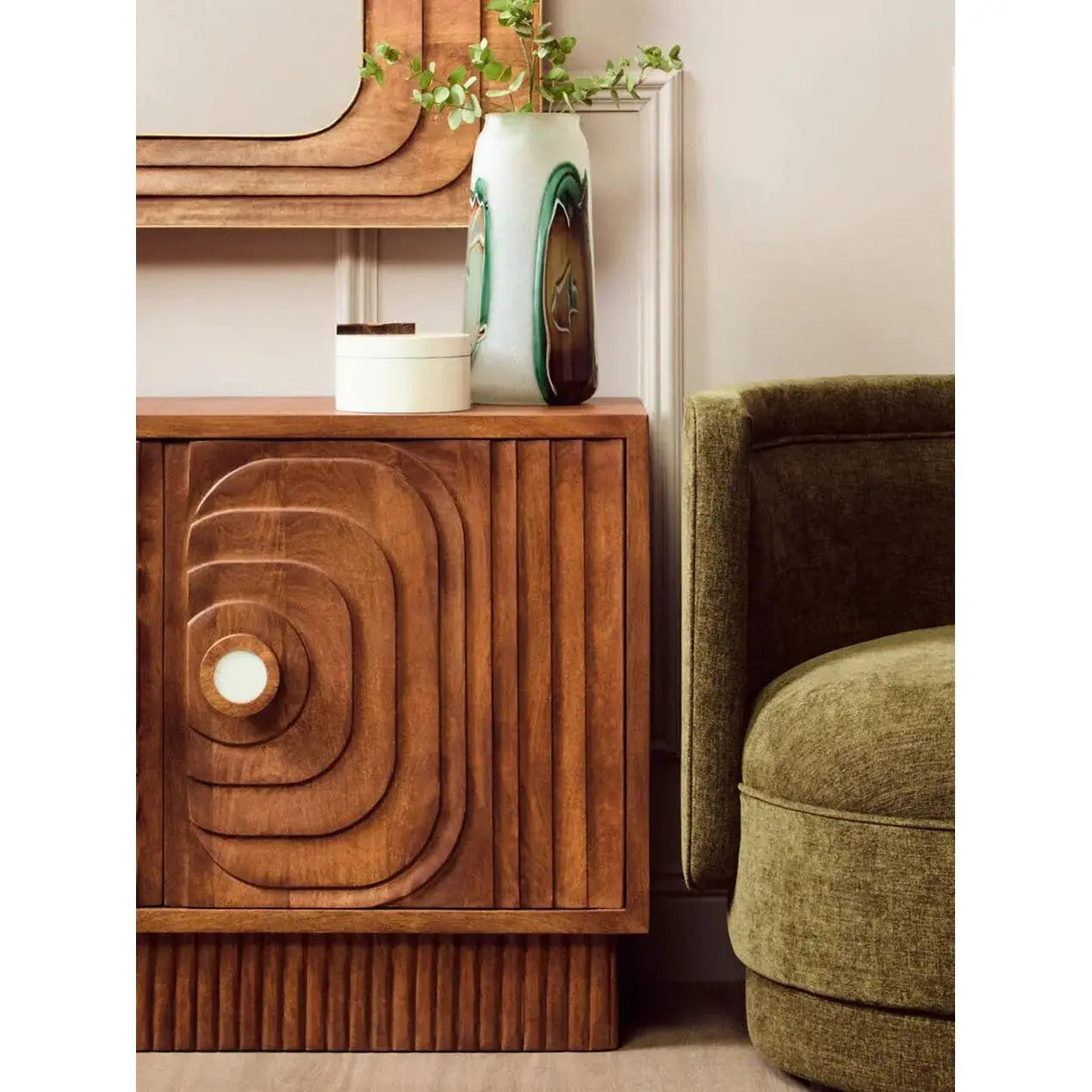 Sangra Two Door Mango Wood Carved Sideboard   Nicholas John Interiors