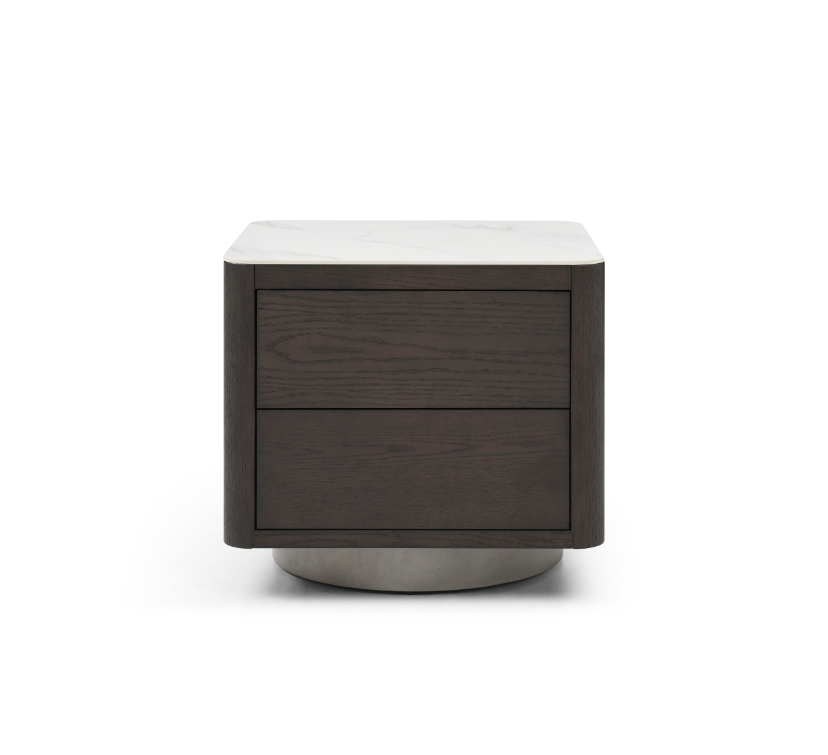 Tommy Franks Coin Bedside Table - Smoke Oak & Marble   Nicholas John Interiors