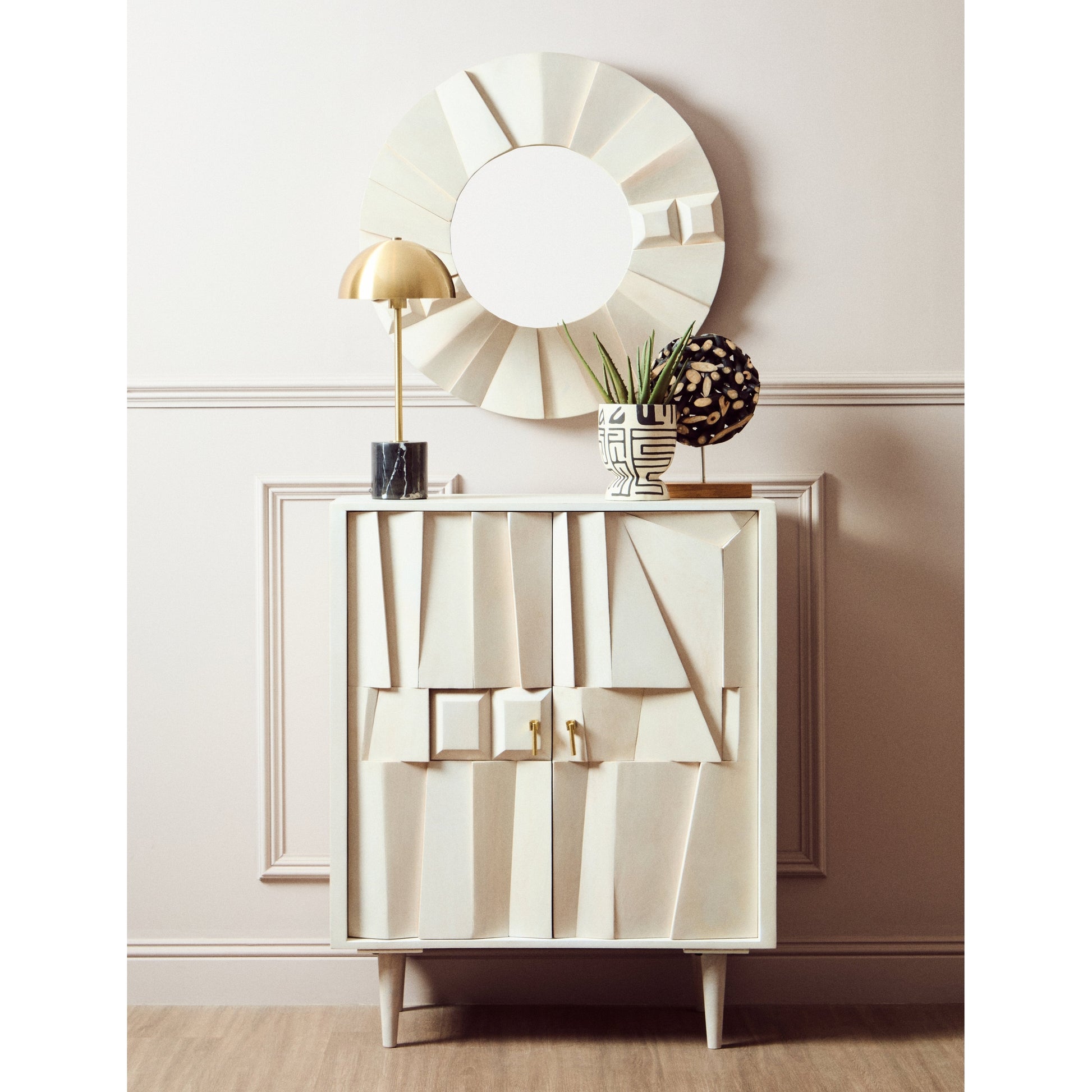 Sitella Whitewash Mango Wood Abstract Tile Round Wall Mirror  Nicholas John Interiors