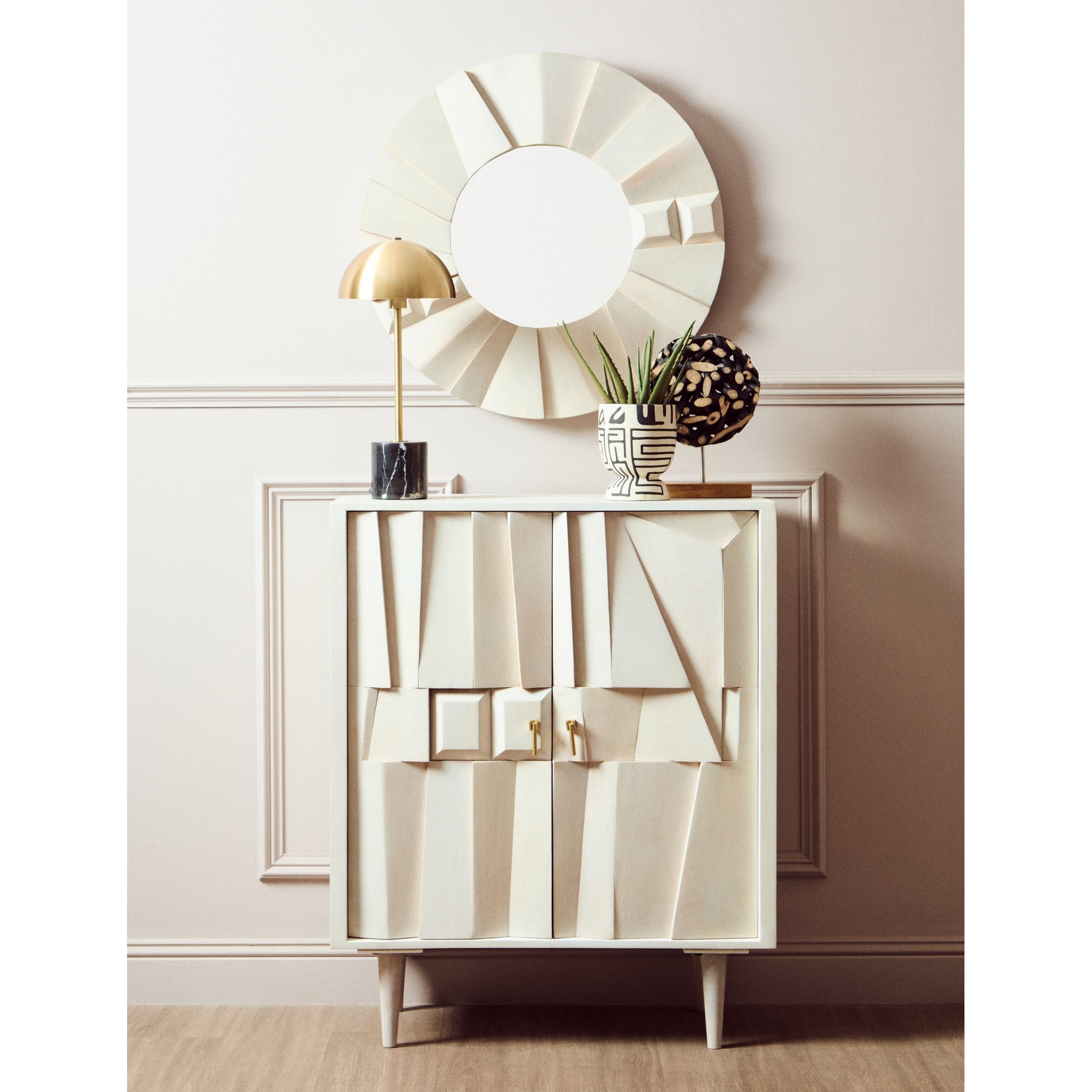 Sitella Whitewash Mango Wood Abstract Tile Round Wall Mirror  Nicholas John Interiors