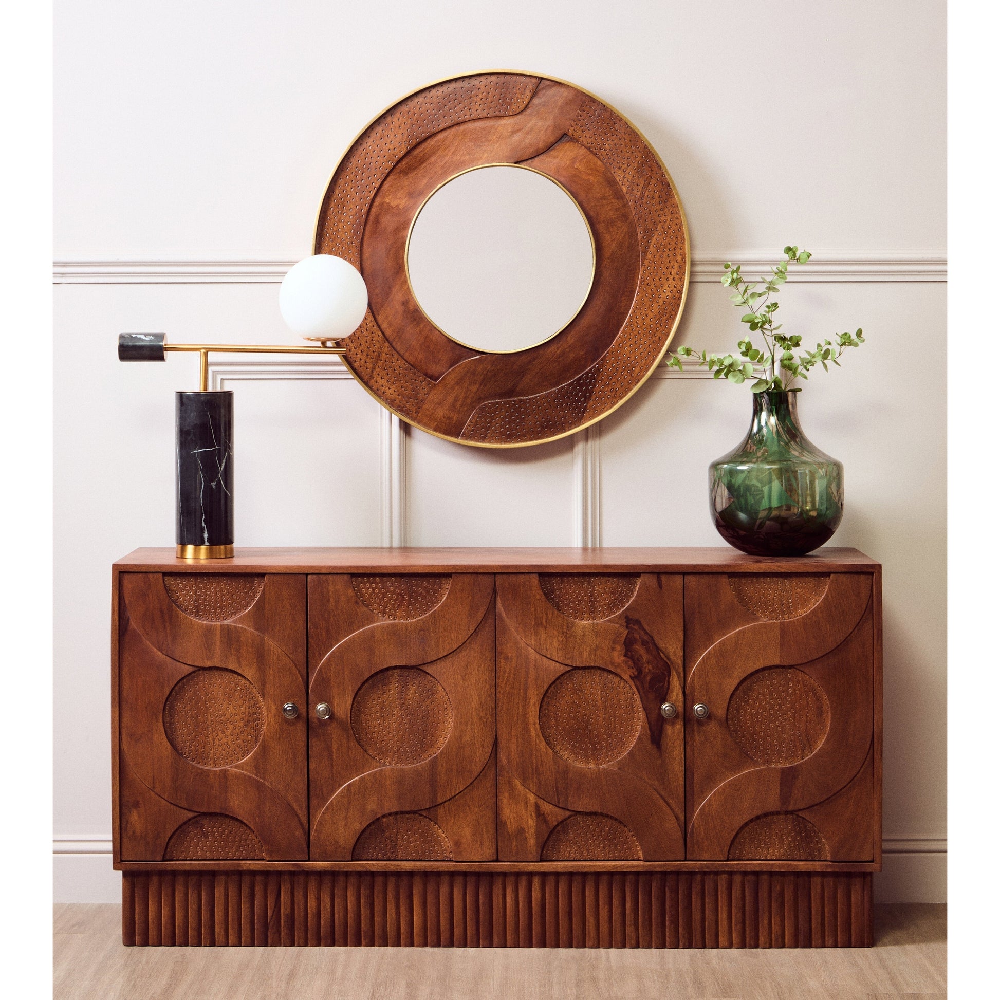 Sivora Round Mango Wood Hammered Wall Mirror  Nicholas John Interiors