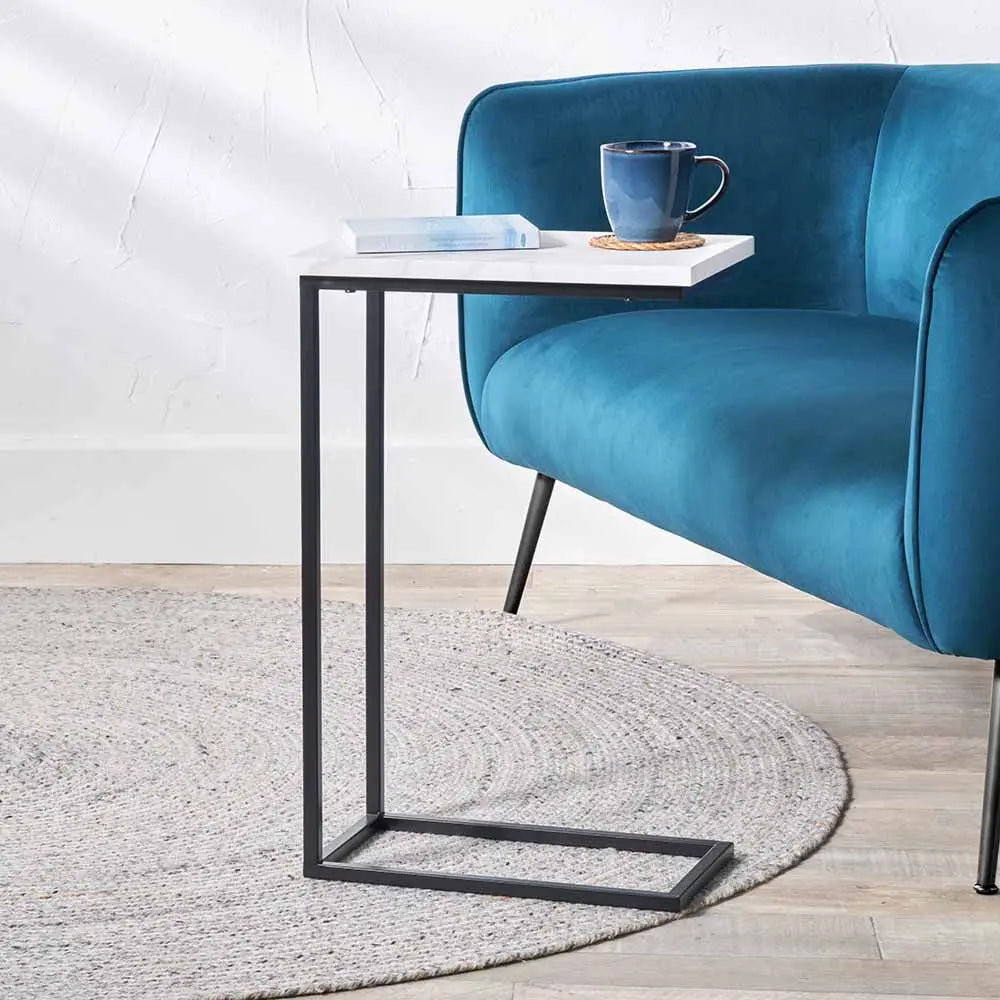 Soho White Marble Veneer and Black Metal Supper Side Table  Nicholas John Interiors