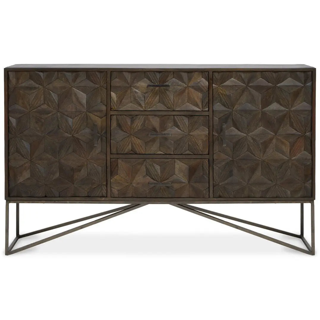 Solana Brown Mango Wood Sideboard with Geometric Floral Pattern   Nicholas John Interiors