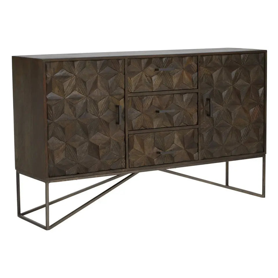Solana Brown Mango Wood Sideboard with Geometric Floral Pattern   Nicholas John Interiors