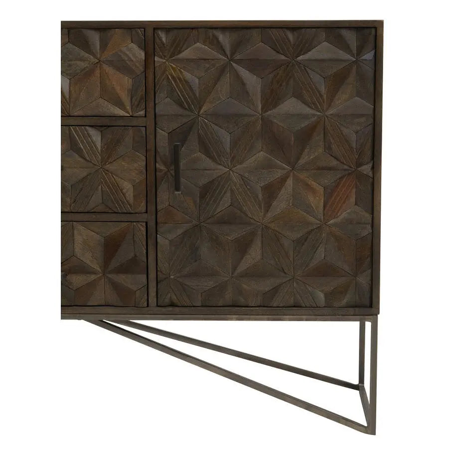 Solana Brown Mango Wood Sideboard with Geometric Floral Pattern   Nicholas John Interiors