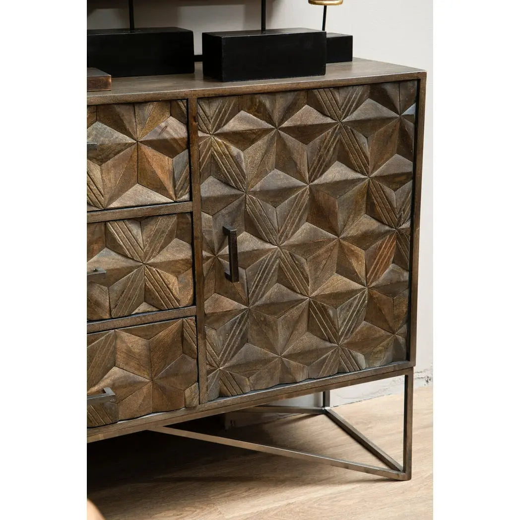 Solana Brown Mango Wood Sideboard with Geometric Floral Pattern   Nicholas John Interiors