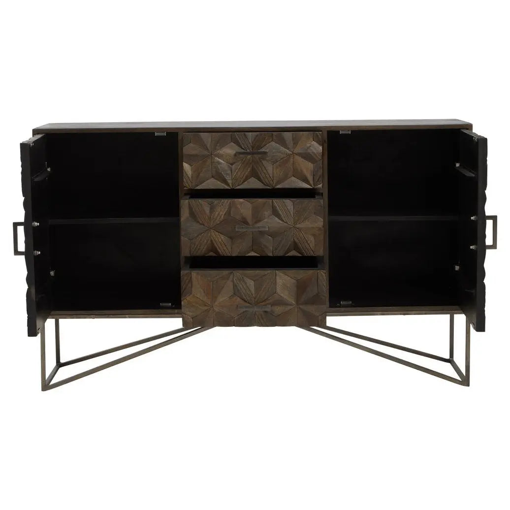 Solana Brown Mango Wood Sideboard with Geometric Floral Pattern   Nicholas John Interiors
