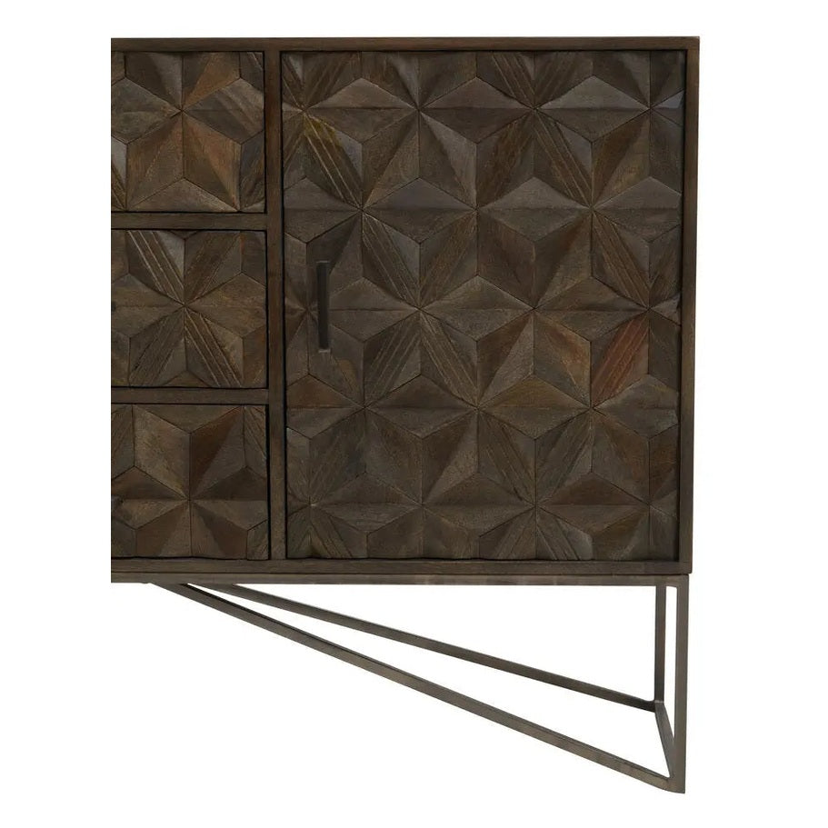 Solana Brown Mango Wood Sideboard with Geometric Floral Pattern   Nicholas John Interiors