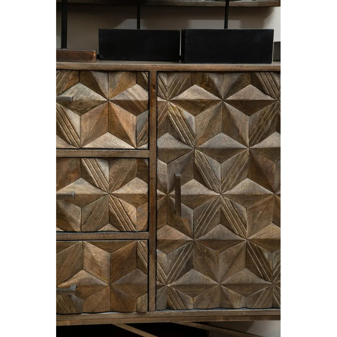Solana Brown Mango Wood Sideboard with Geometric Floral Pattern   Nicholas John Interiors