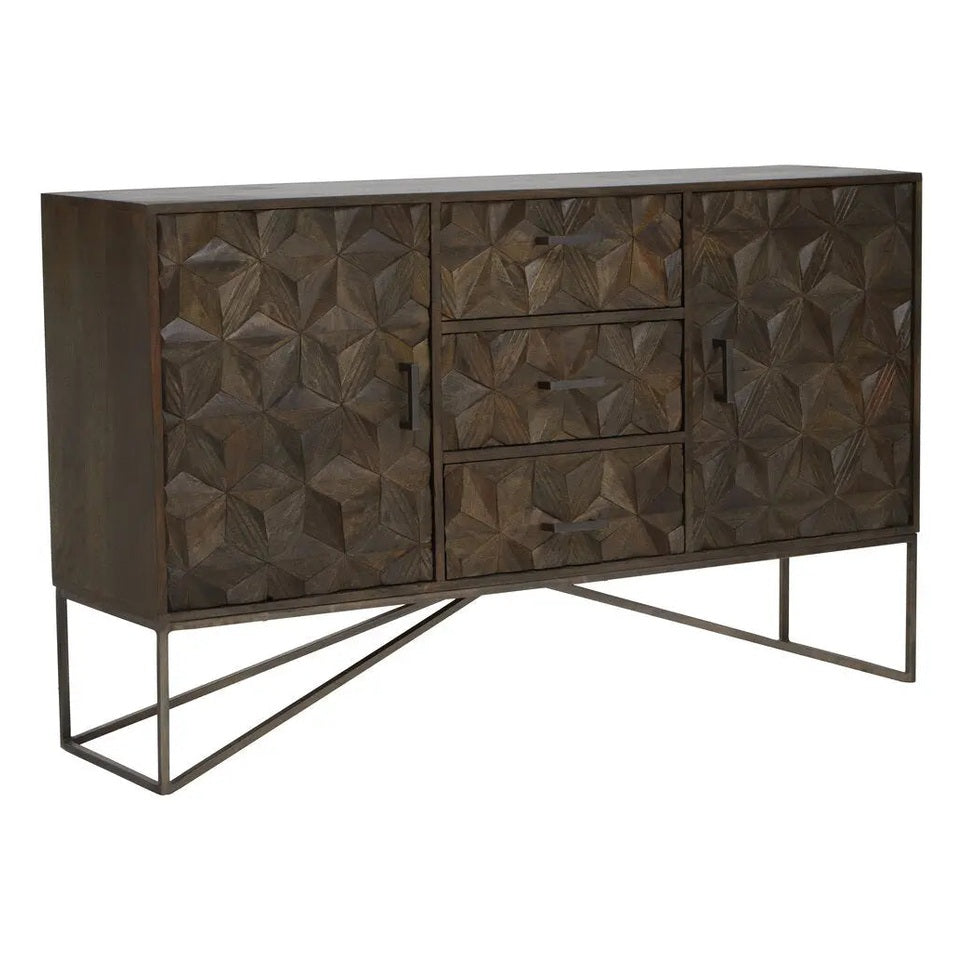Solana Brown Mango Wood Sideboard with Geometric Floral Pattern   Nicholas John Interiors