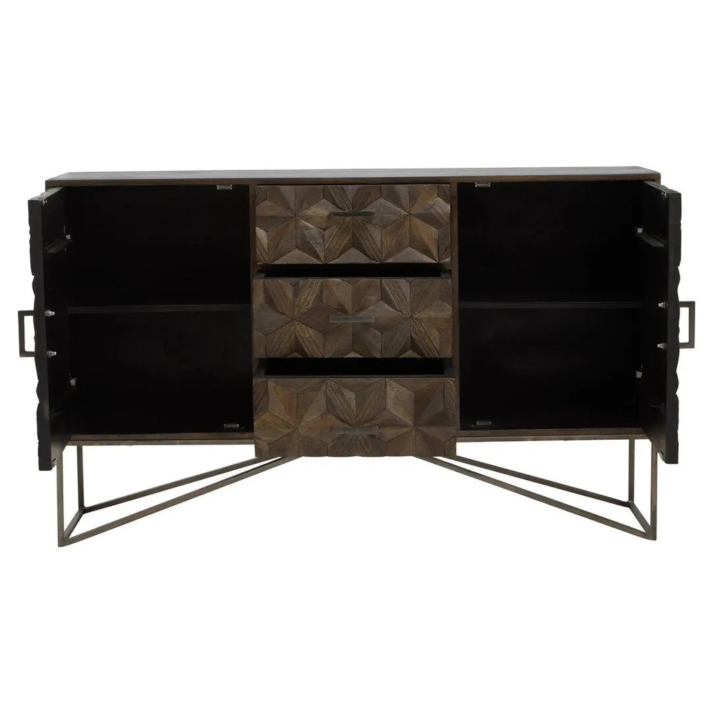 Solana Brown Mango Wood Sideboard with Geometric Floral Pattern   Nicholas John Interiors