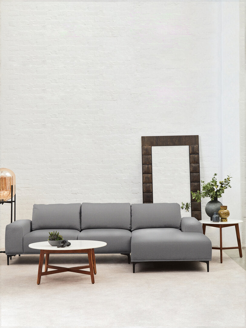 Tolaro 3 Seat Grey Fabric Right Chaise Sofa  Nicholas John Interiors