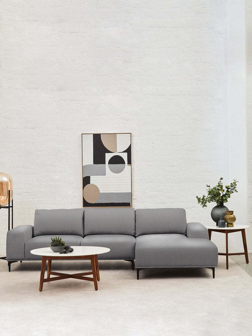 Tolaro 3 Seat Grey Fabric Right Chaise Sofa  Nicholas John Interiors