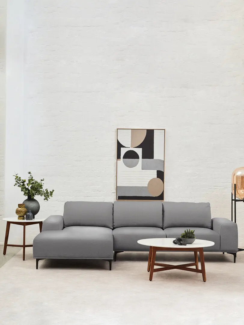 Tolaro 3 Seat Grey Fabric Right Chaise Sofa   Nicholas John Interiors