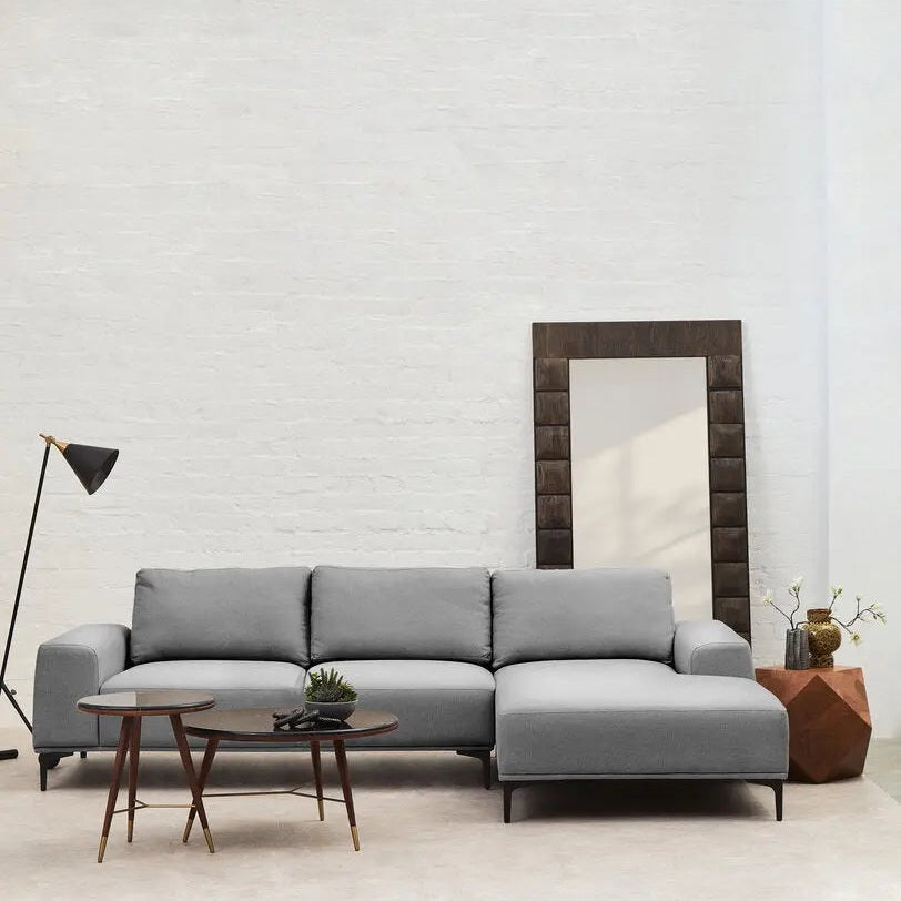 Tolaro 3 Seat Grey Fabric Right Chaise Sofa   Nicholas John Interiors