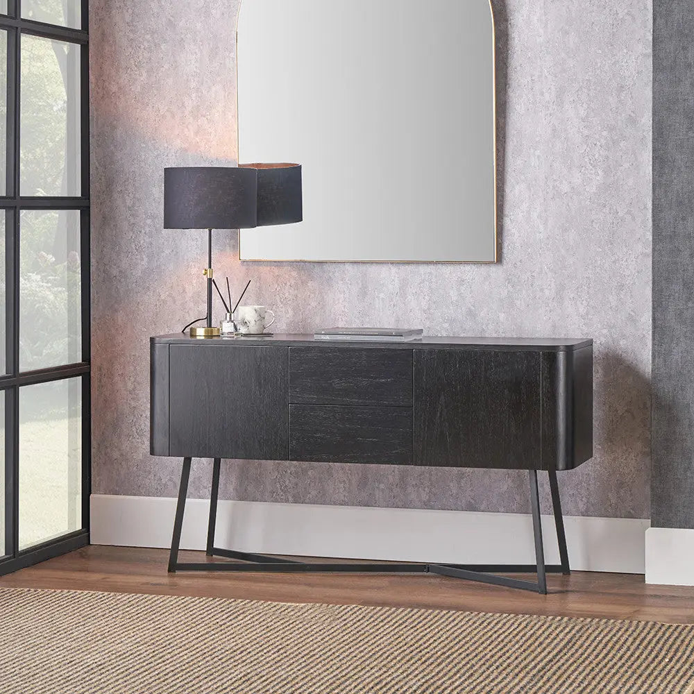 Ukiah Black Ash Veneer and Black Metal 2 Door 2 Drawer Sideboard   Nicholas John Interiors