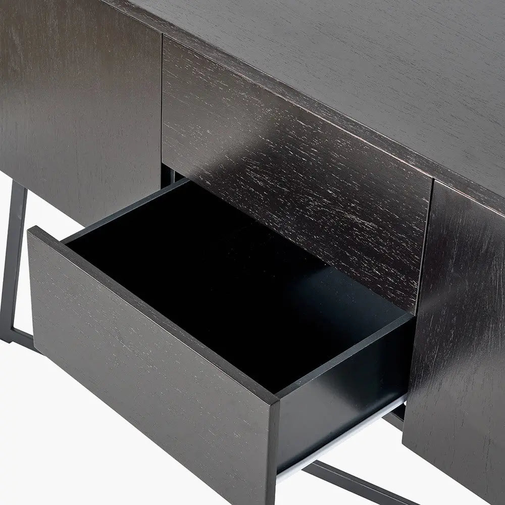 Ukiah Black Ash Veneer and Black Metal 2 Door 2 Drawer Sideboard   Nicholas John Interiors