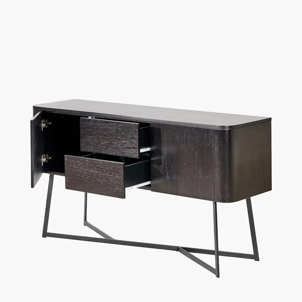 Ukiah Black Ash Veneer and Black Metal 2 Door 2 Drawer Sideboard   Nicholas John Interiors