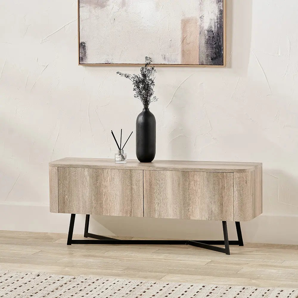 Ukiah Grey Oak Veneer and Black Metal 2 Door Low Unit   Nicholas John Interiors