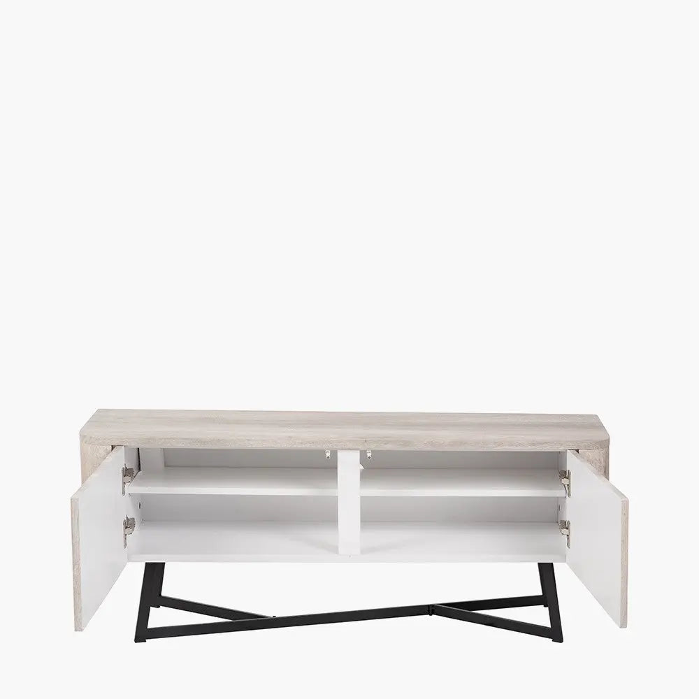 Ukiah Grey Oak Veneer and Black Metal 2 Door Low Unit   Nicholas John Interiors