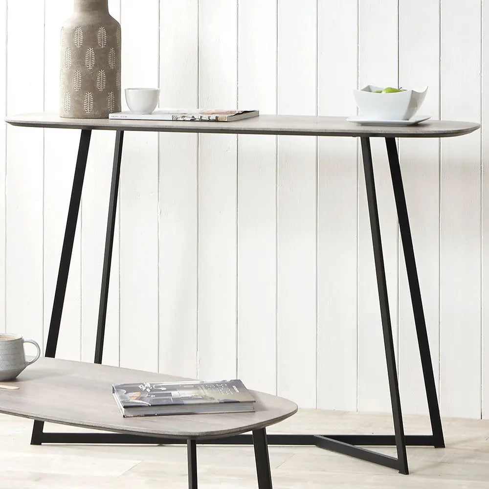 Ukiah Grey Oak Veneer and Black Metal Console Table   Nicholas John Interiors