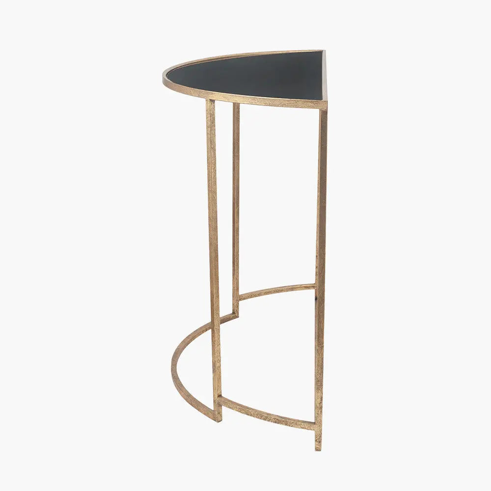 Veneziano Antique Gold Metal and Black Glass Half Moon Console Table  Nicholas John Interiors