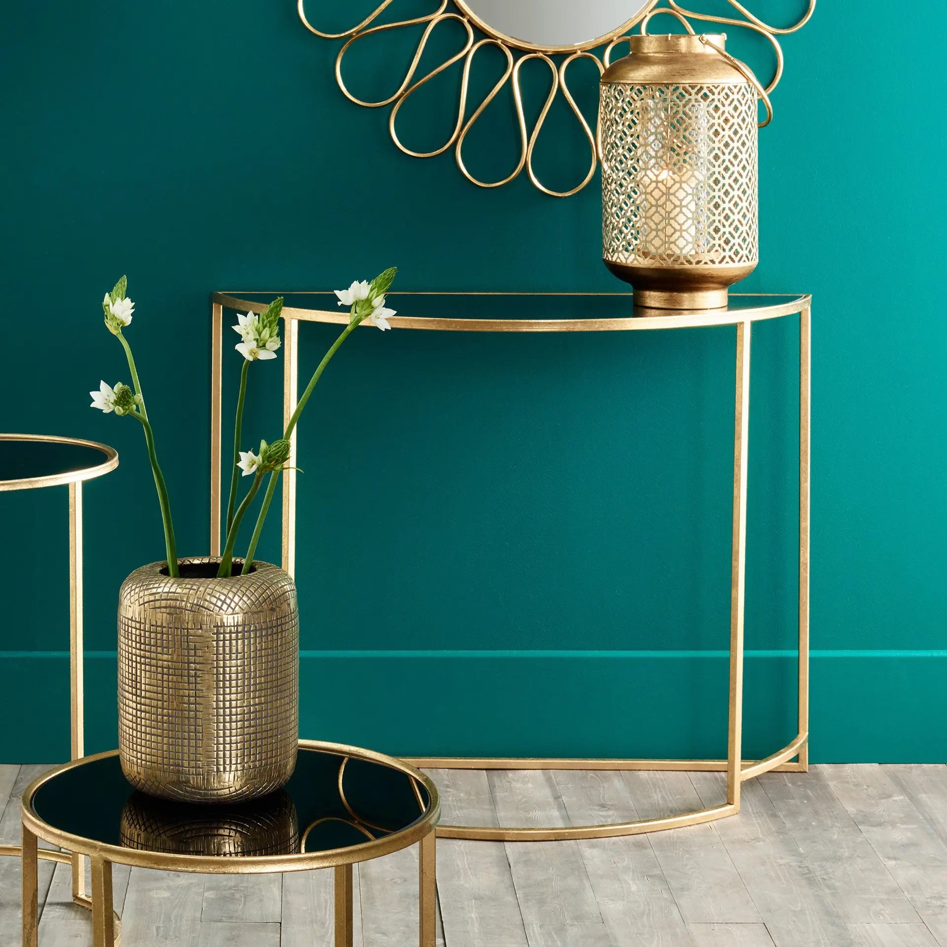 Veneziano Antique Gold Metal and Black Glass Half Moon Console Table  Nicholas John Interiors