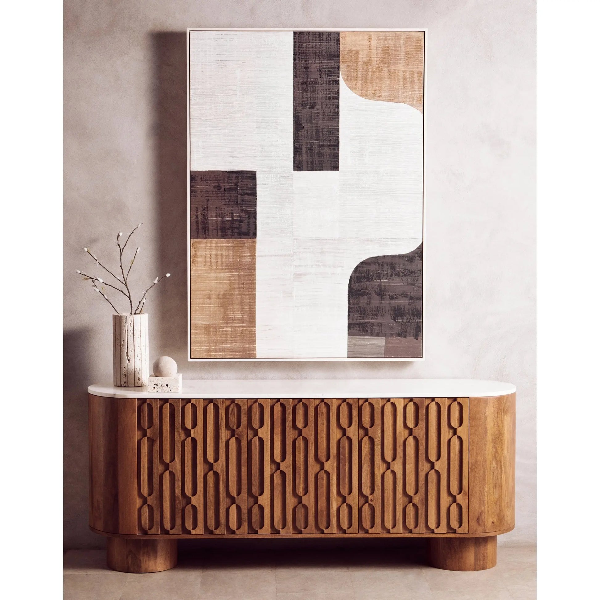 Vercino Mango Wood Sideboard with Marble Top & Carved Design  Nicholas John Interiors