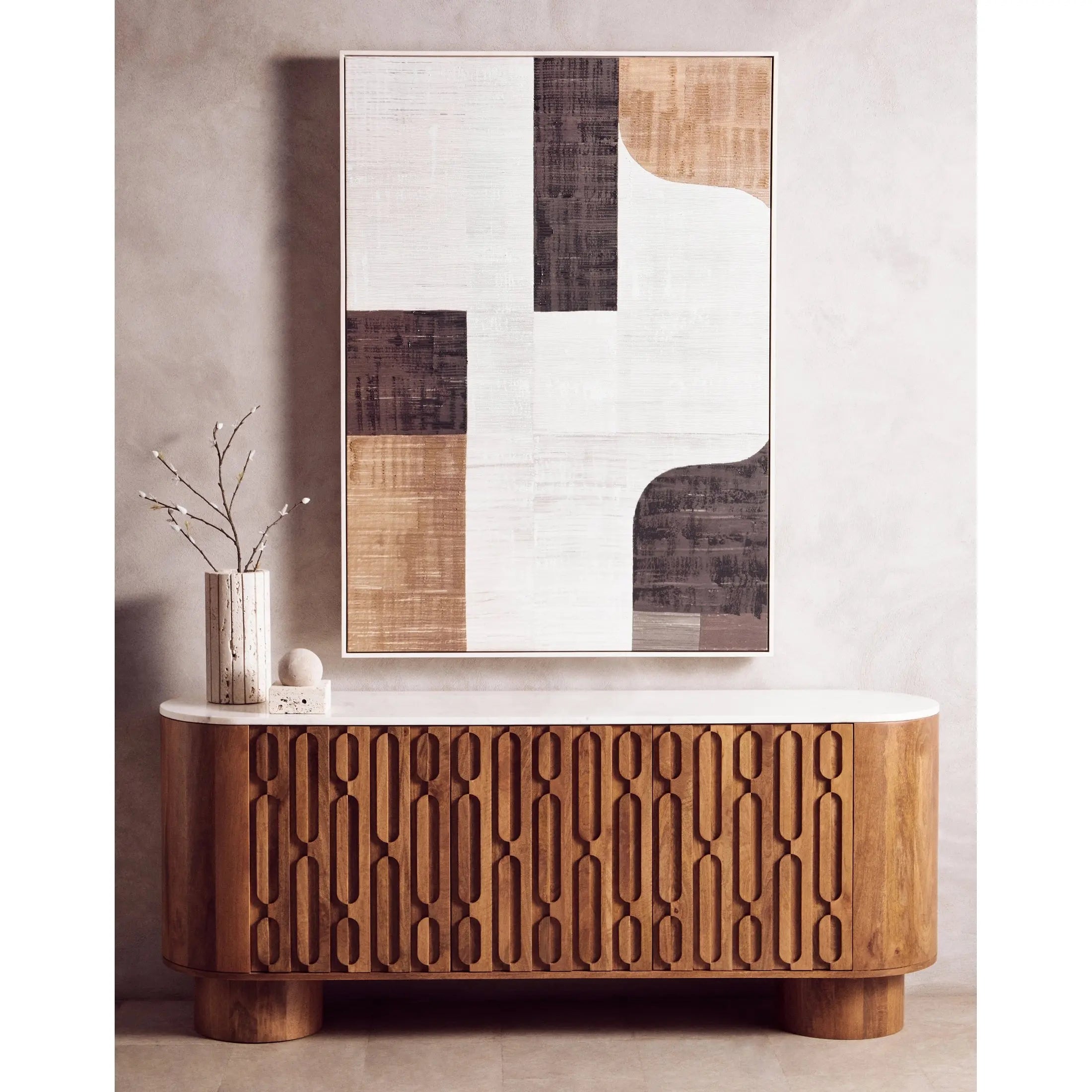 Vercino Mango Wood Sideboard with Marble Top & Carved Design  Nicholas John Interiors